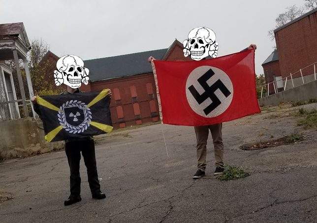 Brandon Russell and Devon Arthurs posted this photo, with their faces covered through Photoshop, on a neo-Nazi message board in 2016. They were both members of the Atomwaffen group.